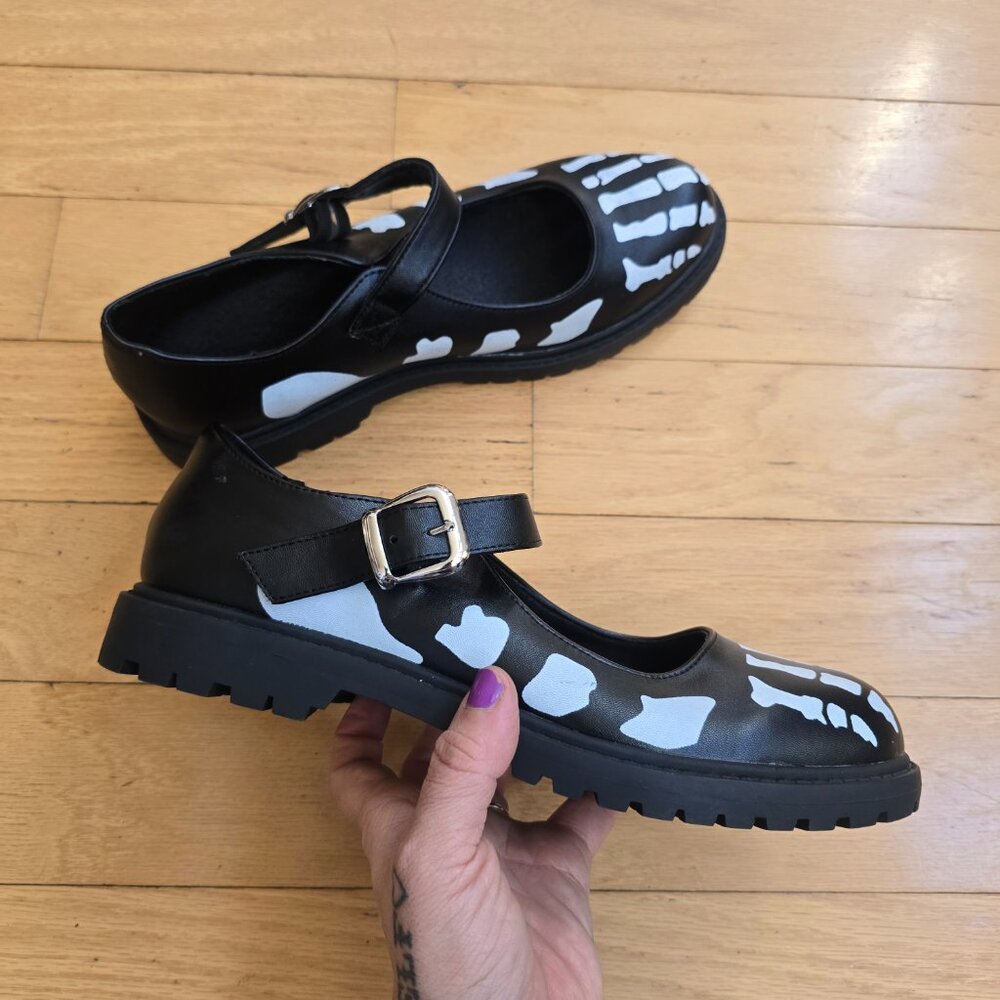 whimsygoth black skeleton chunky mary jane shoes | WMS 9